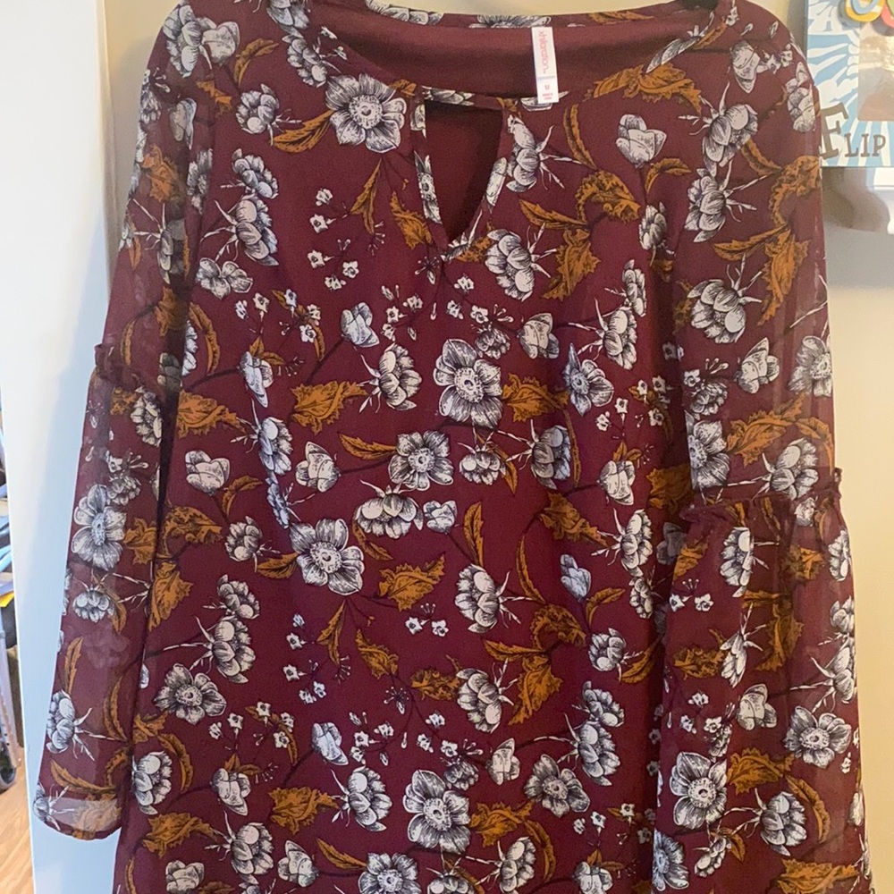 Maroon Flowered Midi Long Sleeve Dress